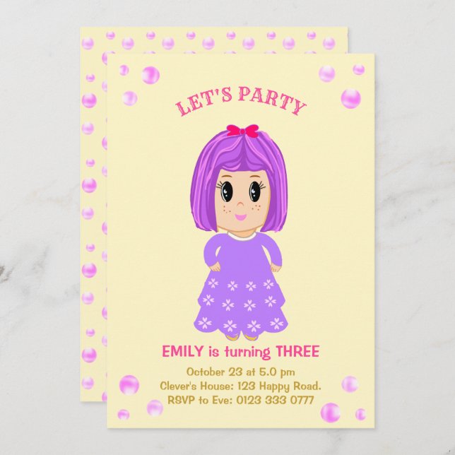 Invitation d'anniversaire de fille mignonne (Devant / Derrière)