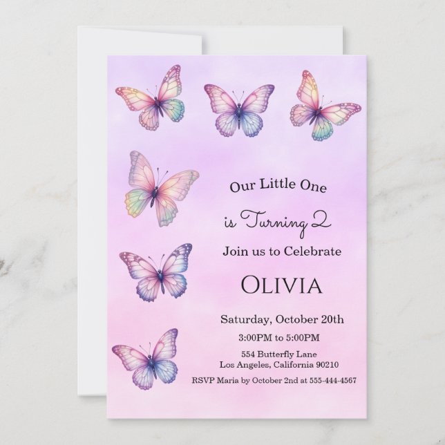 Invitation d'anniversaire de fille papillon (Devant)