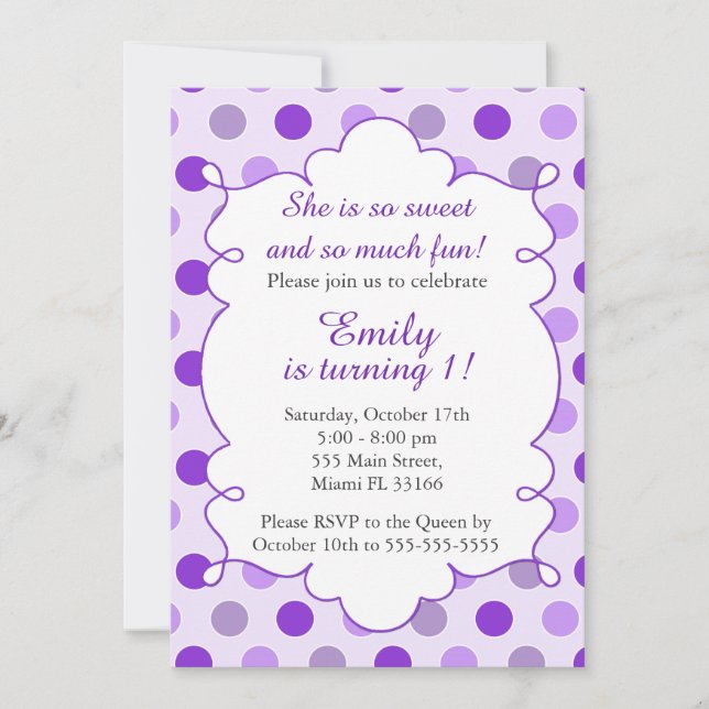 Invitation d'anniversaire de fille Pois violette (Devant)