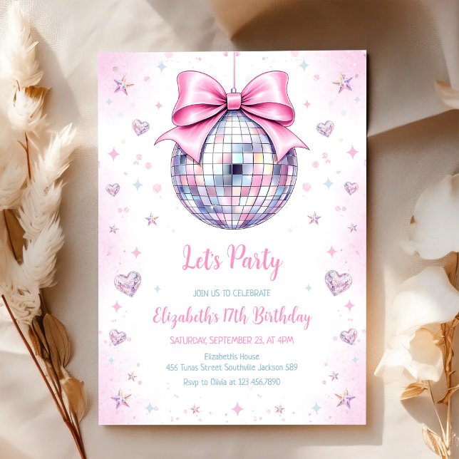Invitation d'anniversaire de fille rose boule disc (Créateur téléchargé)