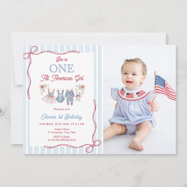 Invitation d'anniversaire de fille Rouge Blanc Ble (Devant)