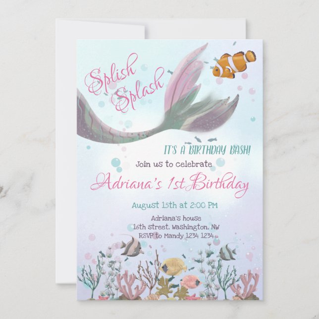 Invitation d'anniversaire de fille sirène sous la  (Devant)