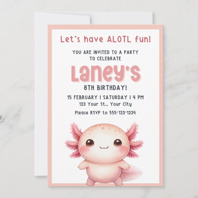 Invitation d'anniversaire de filles Axolotl, Invit (Devant)