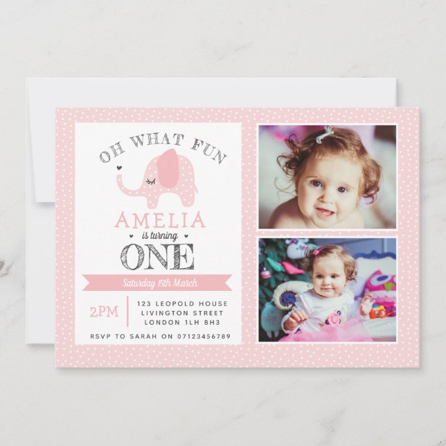 Invitation d'anniversaire de filles d'éléphant (Devant)