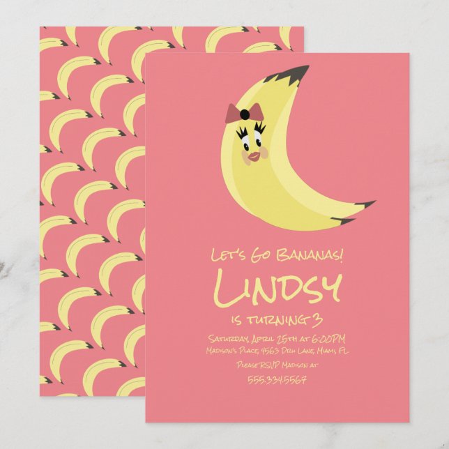 Invitation d'anniversaire de filles rose banane mi (Devant / Derrière)