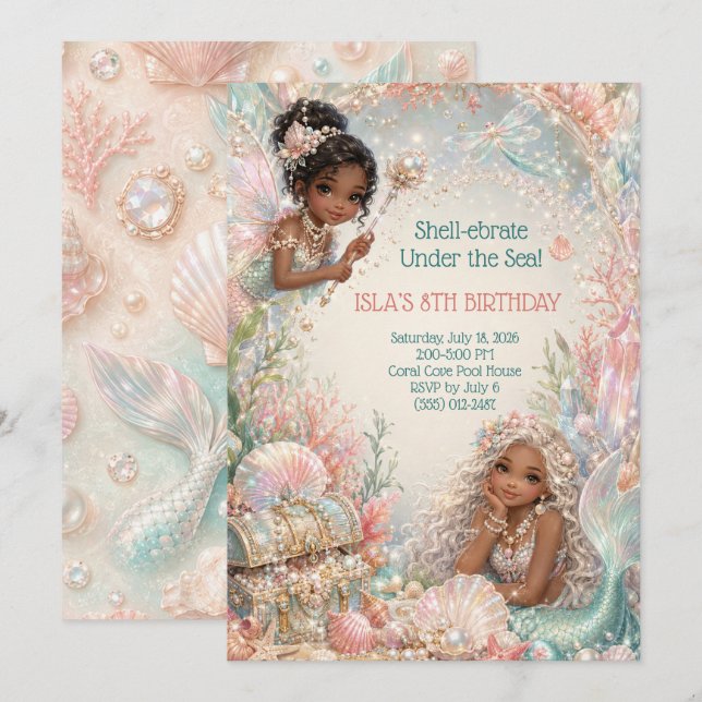Invitation d'anniversaire de filles sirène Célébre (Devant / Derrière)