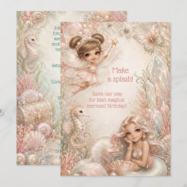 Invitation d'anniversaire de filles sirène Célébre (Devant / Derrière)