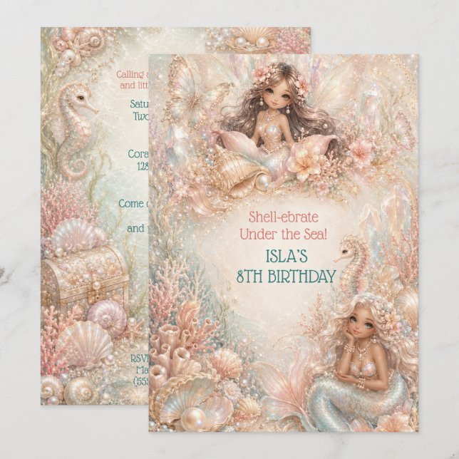 Invitation d'anniversaire de filles sirène Célébre (Devant / Derrière)