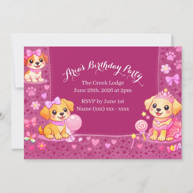 Invitation d'anniversaire de filles thème chiot (Devant)