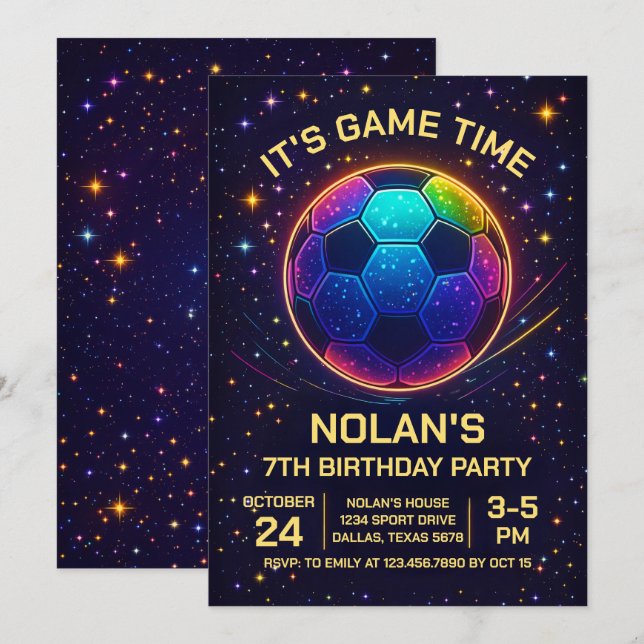 Invitation d'anniversaire de football néon (Devant / Derrière)