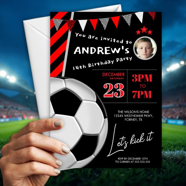 Invitation d'anniversaire de football noir rouge C (Créateur téléchargé)