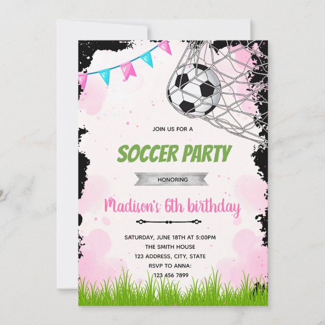 Invitation d'anniversaire de football pour fille (Devant)