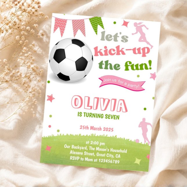 Invitation d'anniversaire de football pour fille r (Girls Soccer Birthday Party Invitation, Editable Girl Football Party Pink)