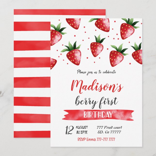 Invitation d'anniversaire de fraises (Devant / Derrière)