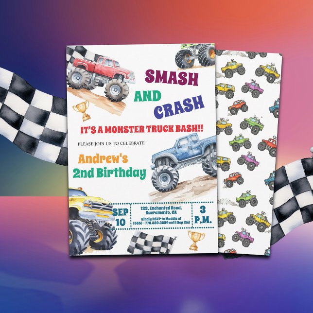 Invitation d'anniversaire de Fun Monster Trucks 2è (Créateur téléchargé)