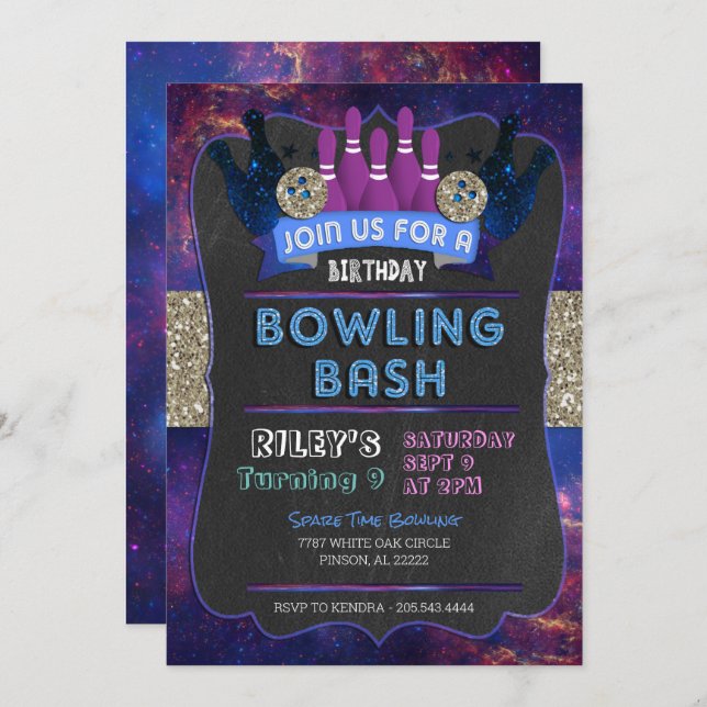 Invitation d'anniversaire de Galaxy Bowling (Devant / Derrière)