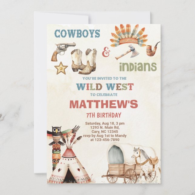 Invitation d'anniversaire de garçon Cowboys et Ind (Devant)