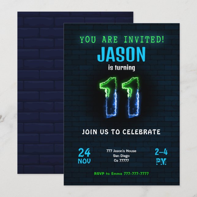 Invitation d'anniversaire de garçon de 11 ans (Devant / Derrière)