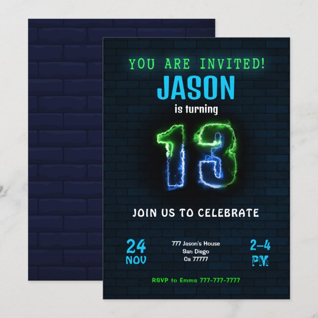 Invitation d'anniversaire de garçon de 13 ans (Devant / Derrière)