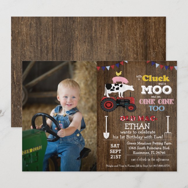 Invitation d'anniversaire de garçon de ferme - PHO (Devant / Derrière)