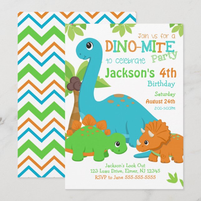 Invitation d'anniversaire de garçon dinosaure / Fê (Devant / Derrière)
