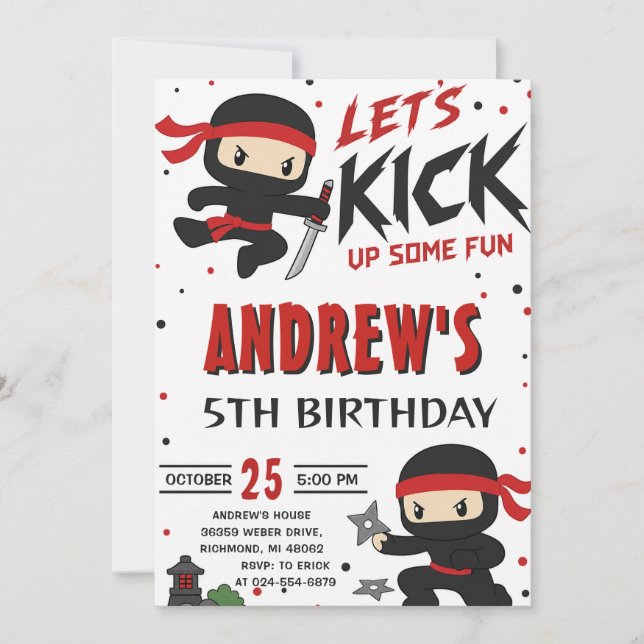 Invitation d'anniversaire de garçon Ninja personne (Devant)
