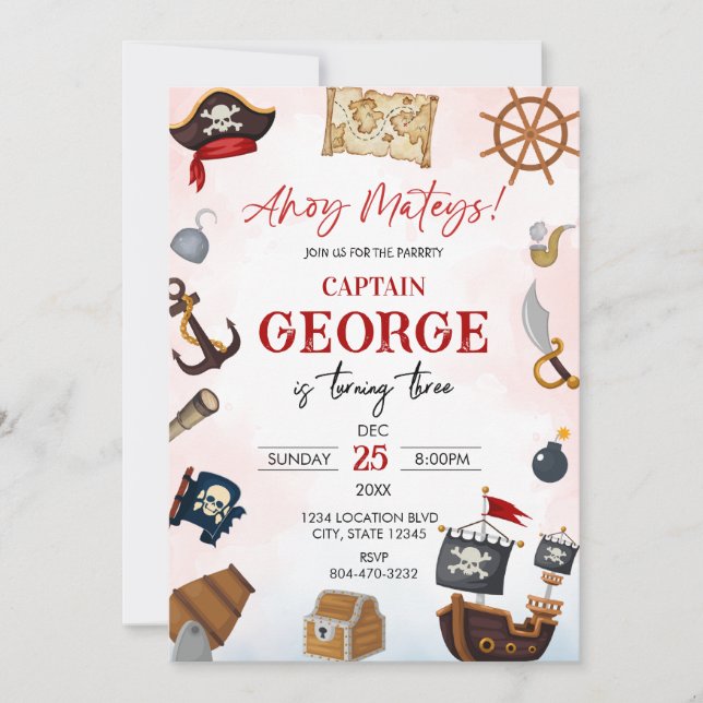 Invitation d'anniversaire de garçon pirate Ahoy (Devant)
