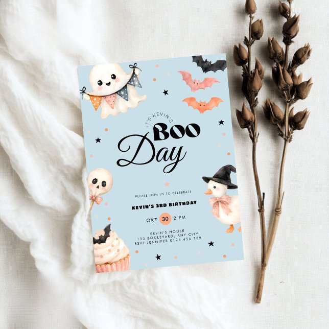 Invitation d'anniversaire de garçon pour la journé (Boys blue halloween boo day 3rd birthday invitation)