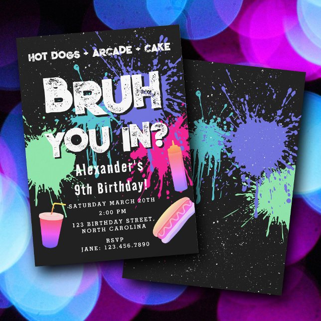Invitation d'anniversaire de garçons Bruh Néon Gra (Bruh Boys Birthday Neon Graffiti Teenager Hot Dogs Invitation)