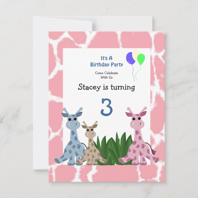 Invitation d'anniversaire de girafe animal (Devant)