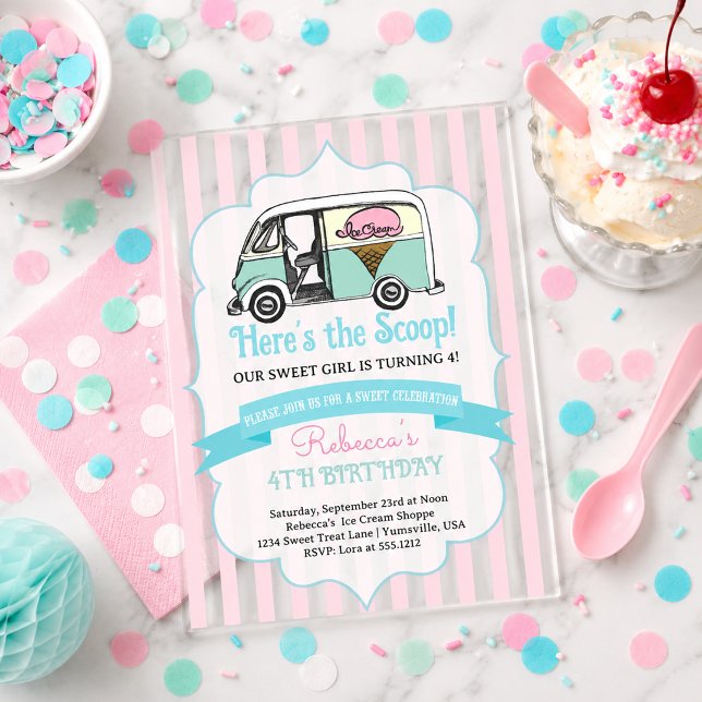 Invitation d'anniversaire de glace à rayures roses (Pink Stripes Here's the Scoop Ice Cream Birthday Acrylic Invitations)