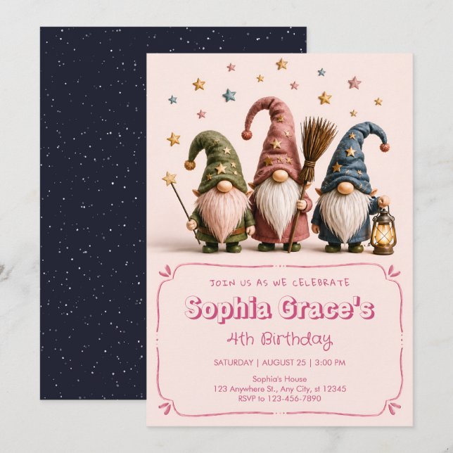 Invitation d'anniversaire de gnome de conte de fée (Devant / Derrière)
