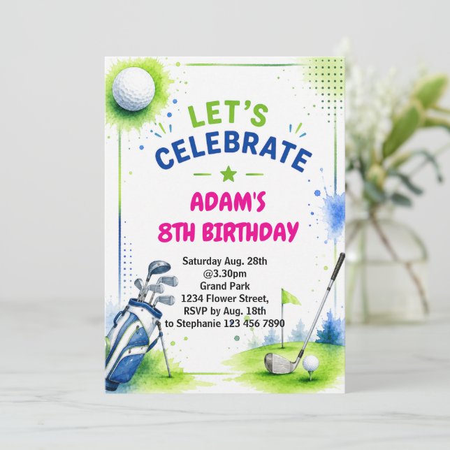 Invitation d'anniversaire de golf aquarelle (Debout devant)
