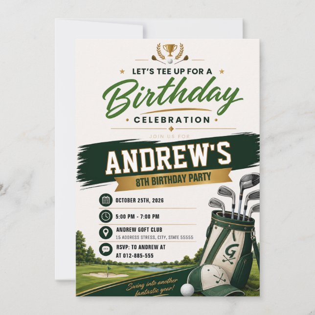 Invitation d'anniversaire de golf pour adolescent  (Devant)