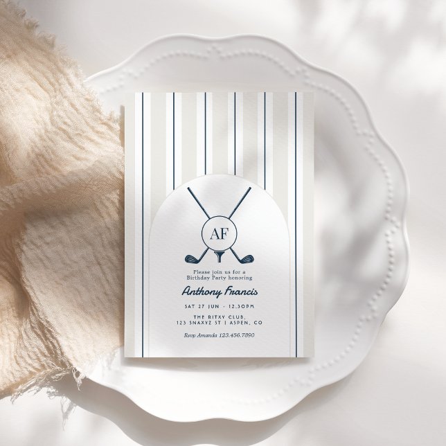Invitation d'anniversaire de golf préppy monogramm (Navy & Cloud Dancer Monogram Preppy Golf Birthday Invitation)
