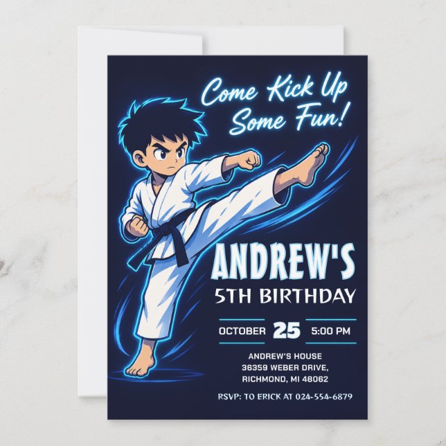 Invitation d'anniversaire de guerrier garçon karat (Devant)