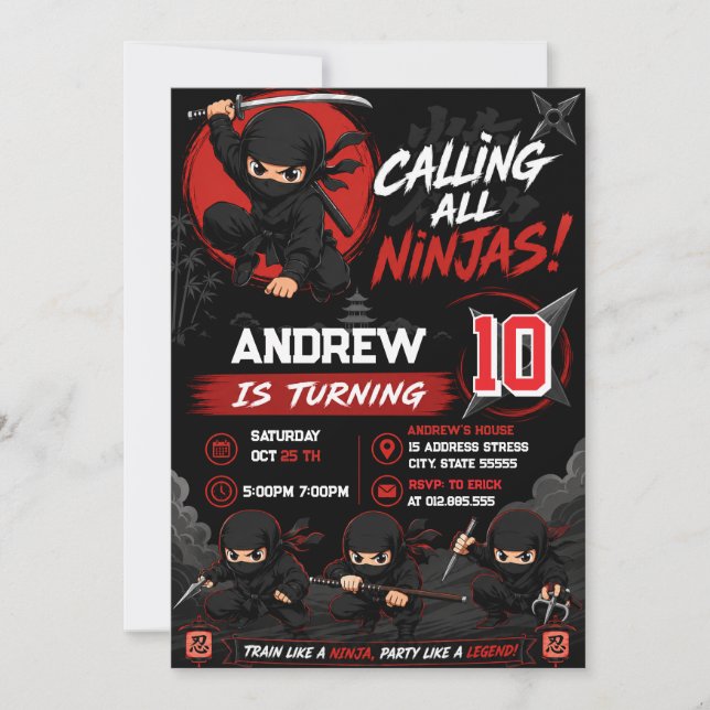 Invitation d'anniversaire de guerrier ninja person (Devant)
