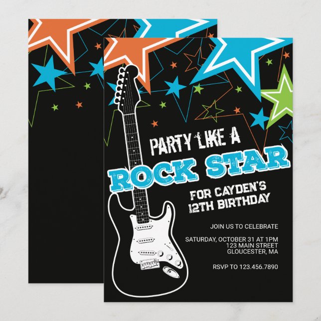 Invitation d'anniversaire de guitare Rockstar bleu (Devant / Derrière)