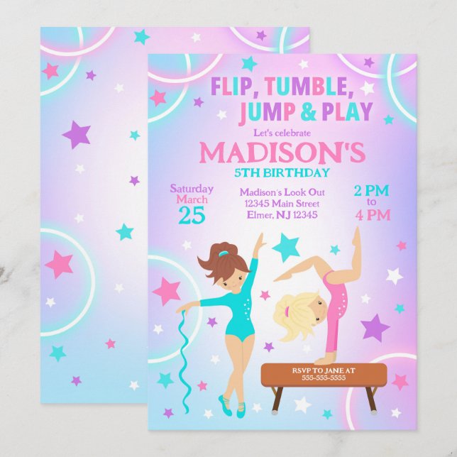 Invitation d'anniversaire de gymnastique Fête de g (Devant / Derrière)