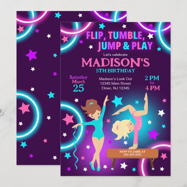 Invitation d'anniversaire de gymnastique Fête Neon (Devant / Derrière)