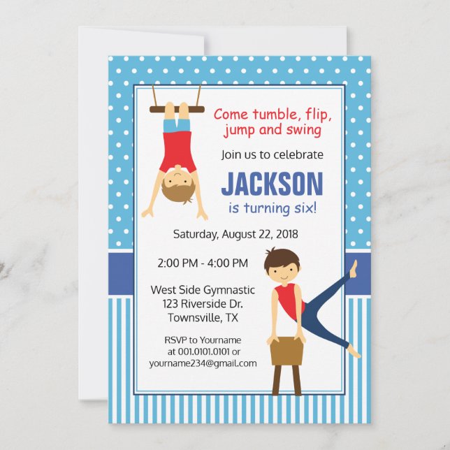Invitation d'anniversaire de gymnastique pour garç (Devant)