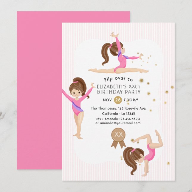 Invitation d'anniversaire de gymnastique Rose et O (Devant / Derrière)