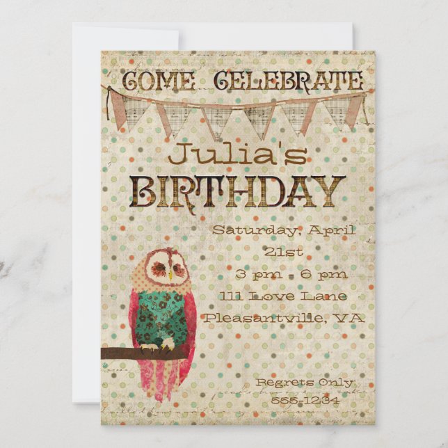 Invitation d'anniversaire de hibou de Rosa (Devant)