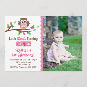 Invitation d'anniversaire de hibou fille rose 1er 