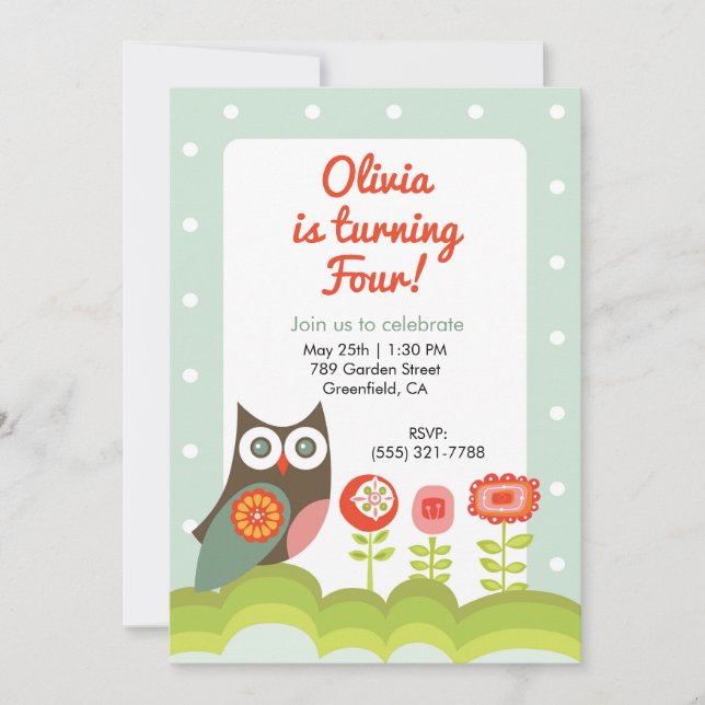 Invitation d'anniversaire de hibou pour les enfant (Devant)