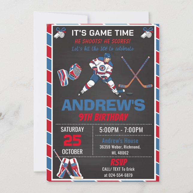 Invitation d'anniversaire de hockey simple rouge p (Devant)
