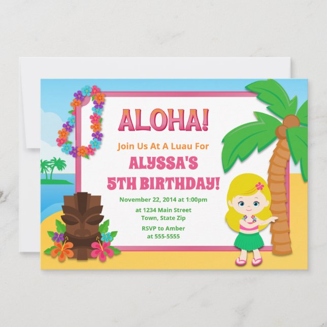 Invitation d'anniversaire de Hula Girl Luau Invita (Devant)