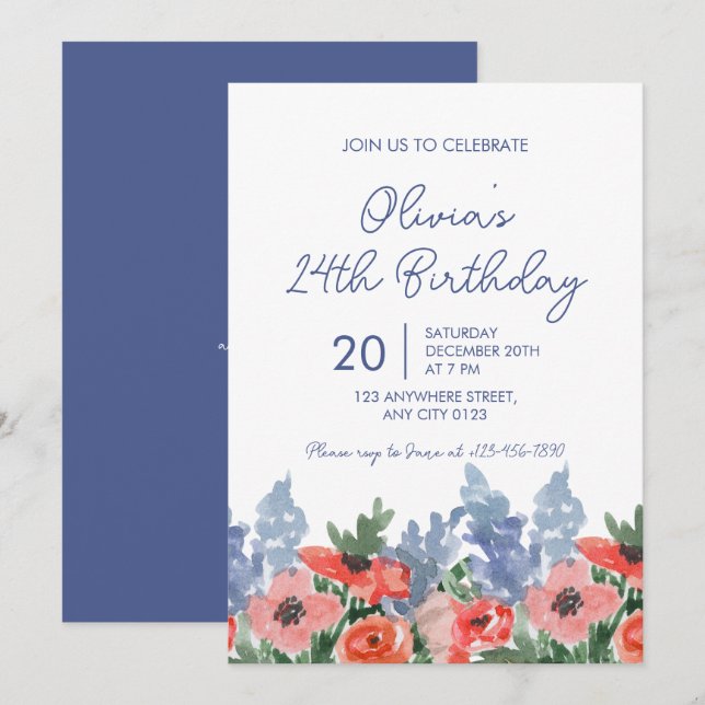 Invitation d'anniversaire de jardin floral aquarel (Devant / Derrière)