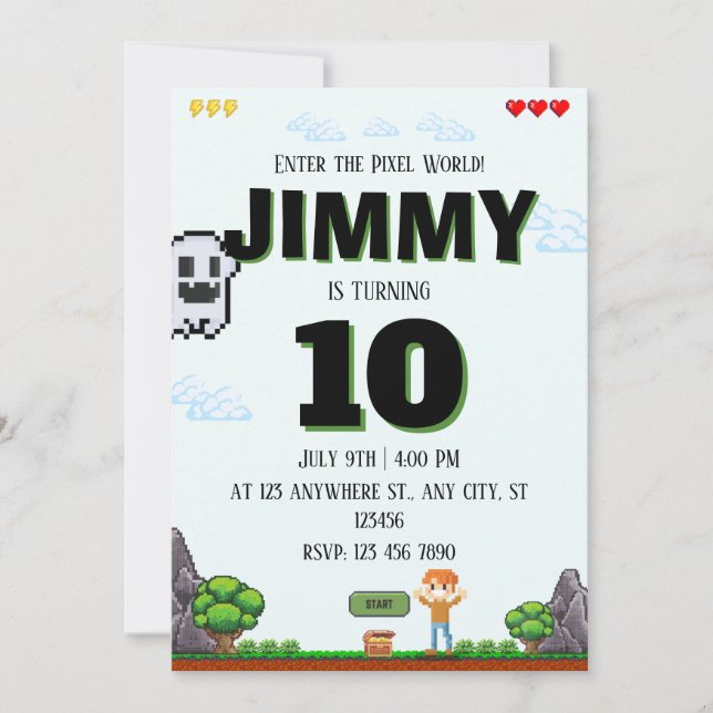 Invitation d'anniversaire de jeu pixel pour garçon (Devant)