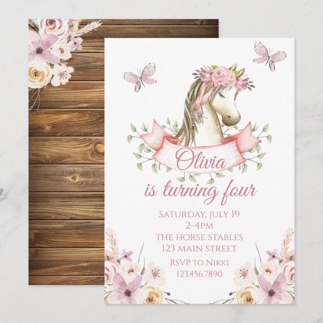 Invitation d'anniversaire de joli poney floral boh (Devant / Derrière)